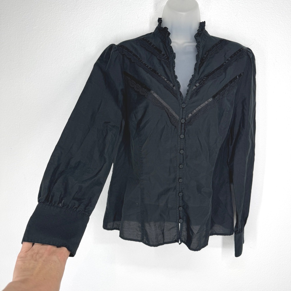 Ann Taylor Loft Black Cotton Silk Lace Trim Ruffle Blouse Womens 10 Victorian